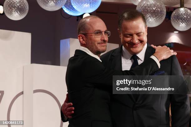 Director Darren Aronofsky and Brendan Fraser attend "The Whale" red carpet at the 79th Venice International Film Festival on September 04, 2022 in...