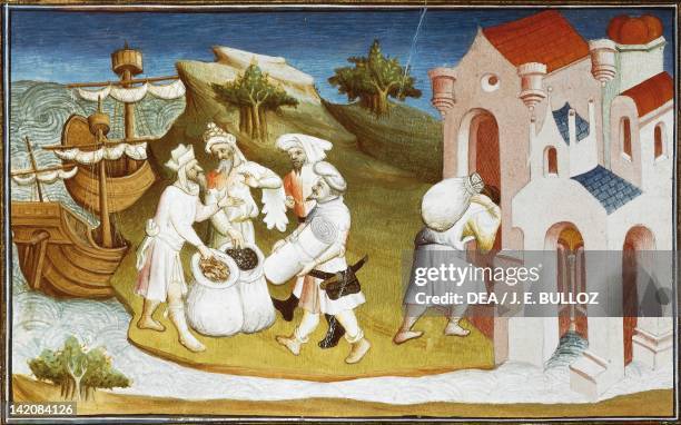 Transportation of spices to the west and unloading spices in the east, miniature from Livre des merveilles du monde by Marco Polo and Rustichello,...