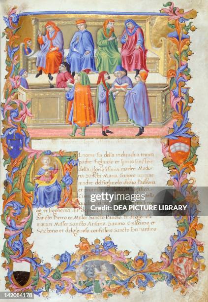 The Tribunale della Mercanzia , miniature from Statutes of the Merchants no 6 by Sano di Pietro.