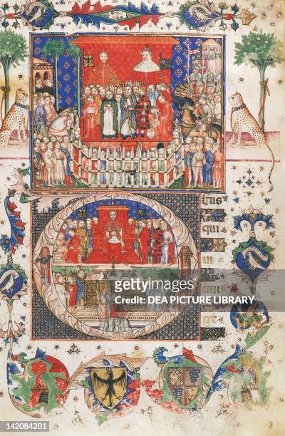 Gian Galeazzo Visconti, who in 1395 obtained the titles of Prince and Duke of Milan from the Emperor Wenceslaus, miniature from a manuscript, Italy...