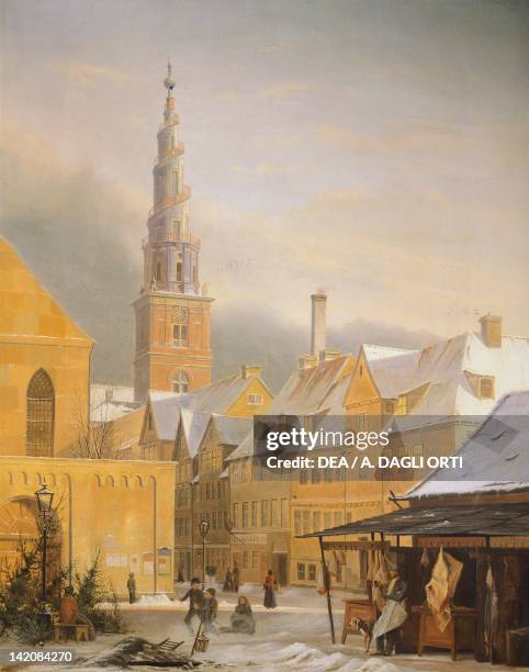 Copenaghen Dronningensgade in winter by Niels Bredal, Denmark 19th Century.