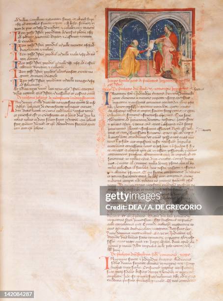 Emperor Frederick II of Hohenstaufend grants privileges to Asti, miniature from the Codex Astensis, manuscript, 13th Century.
