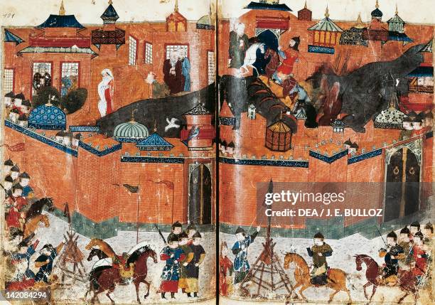 The Mongols lay seige to Bagdad, Persian manuscript 1113 folio 180 e 181, 1258.