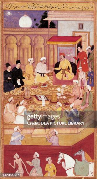 Emperor Akbar in converstion with Jesuit missionaries, miniature from the Mughal School, India 16th Century.
