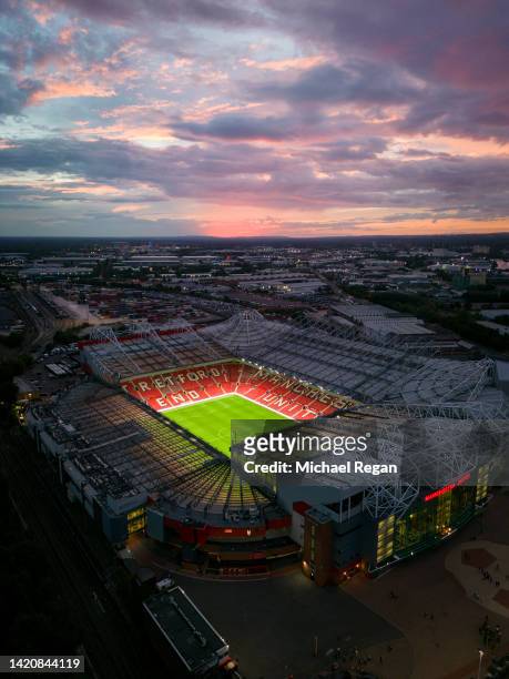 An aerial view of Old Trafford stadium after the Premier League match between Manchester United and Arsenal FC on September 04, 2022 in Manchester,...