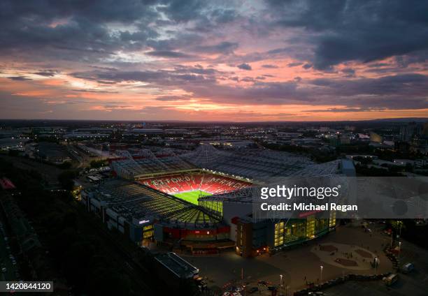 An aerial view of Old Trafford stadium after the Premier League match between Manchester United and Arsenal FC on September 04, 2022 in Manchester,...