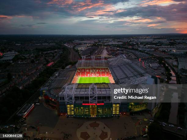 An aerial view of Old Trafford stadium after the Premier League match between Manchester United and Arsenal FC on September 04, 2022 in Manchester,...