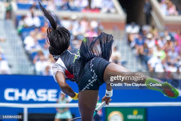 September 04: Coco Gauff of the United States in action against Shuai Zhang of China in the Women's Singles fourth round match on Arthur Ashe Stadium...