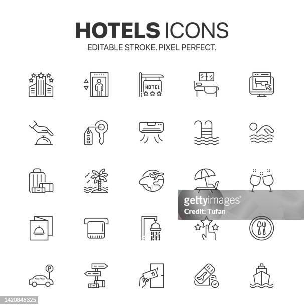 hotel icons. modern outline hotel clipart. tourism elements vector. hotel symbol web icon line style - villa stock illustrations