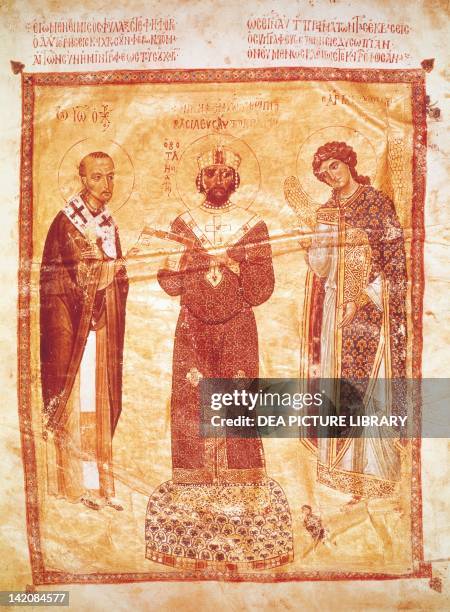 The Emperor Nicephorus between Saint John Chrysostom and the Archangel Michael, miniature from the Homilies of Saint John Chrysostom, 11th Century.