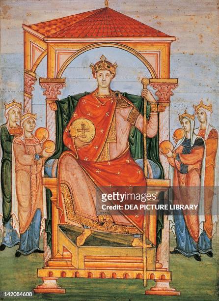 Emperor Otto II surrounded by allegories of the provinces of the Empire, miniature, 10th Century.