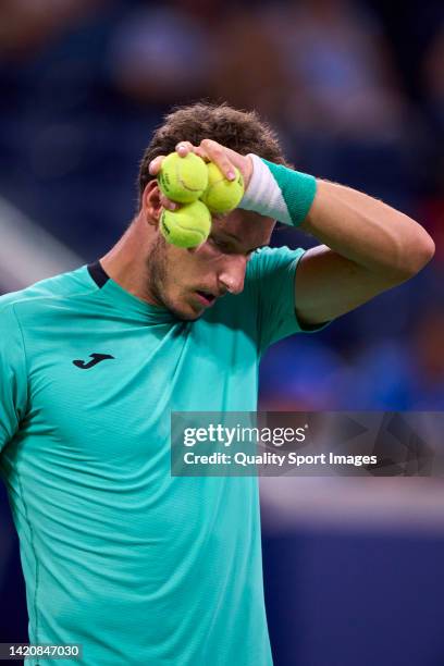 Pablo Carreno of Spain looks on against Karen Khachanov of Russia during their Men's Singles Fourth Round match on Day Seven of the 2022 US Open at...
