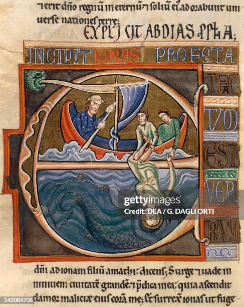 Book of Jonah: Jonah and the whale, miniature from the Bible of Souvigny, Latin manuscript 1 folio 196 verso, 12th Century.