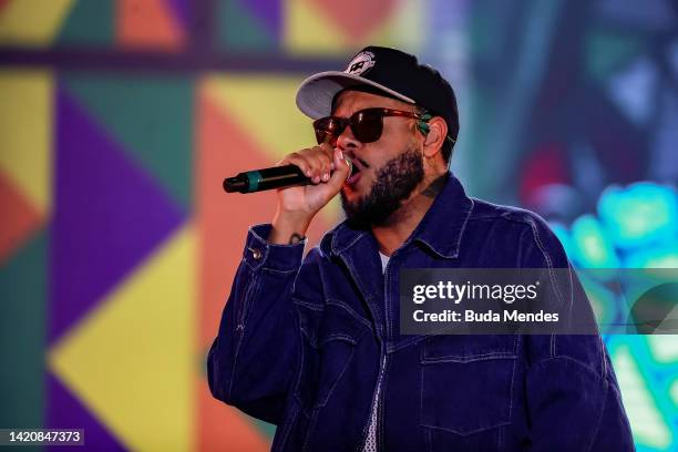 Rapper Emicida performs at the Sunset Stage during the Rock in Rio Festival at Cidade do Rock on September 04, 2022 in Rio de Janeiro, Brazil. The...