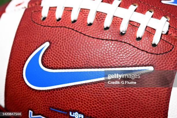 The Nike logo on a football during the game between the Maryland Terrapins and the Buffalo Bulls at Capital One Field at Maryland Stadium on...