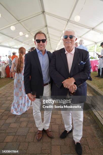 Michael Cominotto and Dennis Basso attend the Hampton Classic Horse Show Grand Prix Sunday in the VIP Grand Prix tent on September 04, 2022 in...