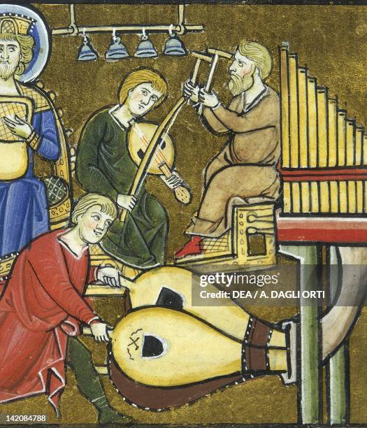 King David with Psaltery and tuba, organ, timpani and harpsichod musicians, miniature from Beatae Elisabeth Psalterium, Latin manuscript folio 149...