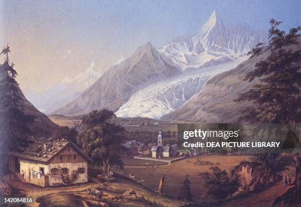 Chamoix in the days of the conquest of Mont Blanc, by Johann L, Bleuler, France 18th Century. Gouache.