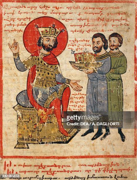 Persians paying tribute to Alexander the Great on the throne, miniature from the The History of Alexander the Great by Pseudo-Callisthenes, Parchment...