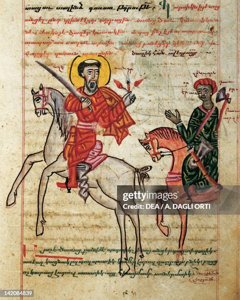 Alexander the Great riding Bucephalus, miniature from the The History of Alexander the Great by Pseudo-Callisthenes, Greek manuscript, 14th Century.