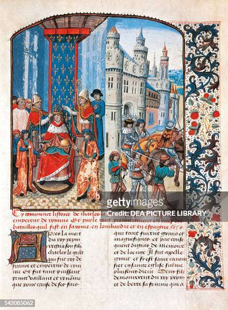 The crowning of Charlemagne, miniature from La fleur des histoires by Jean Mansel, manuscript, France.