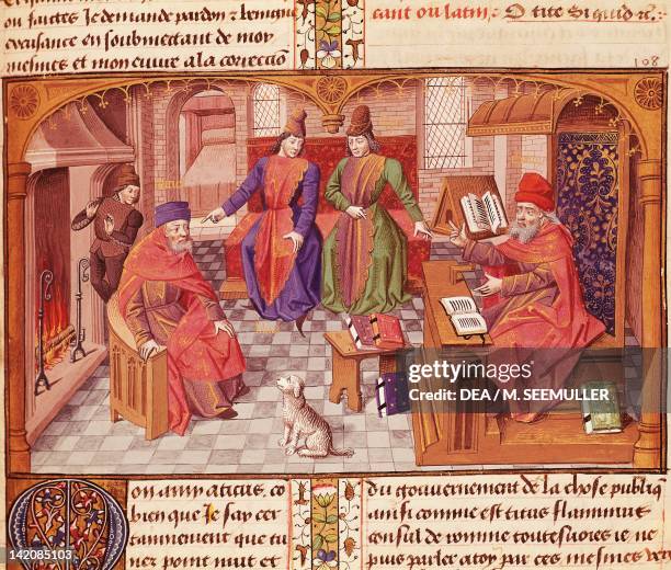 Lelio Sozzini, Scipio Aemilianus, Atticus and Cato the Censor discussing old age, miniature from Cicero's Cato the Elder on Old Age, Latin...