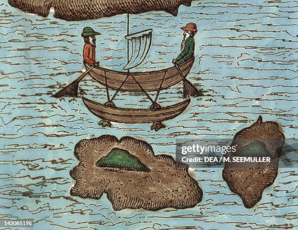 The Islands of Thieves today Mariana Islands, illustration from Journey around the world by Ferdinand Magellan written by Antonio Pigafetta , 16th...