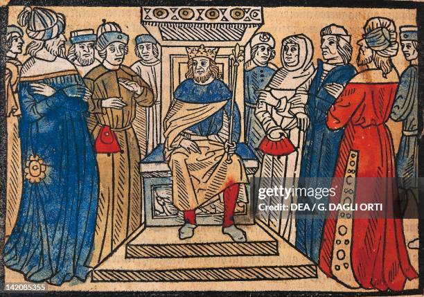 Charlemagne and his court, engraving from the Great Chronicle of French Kings by Robert Gaguin, manuscript, Paris, France 1514.