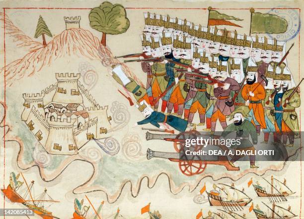 The Turkish army conquering the fortress of Lemnos, miniature from Turkish Memories, Arabic manuscript, Cicogna Codex, Turkey 17th Century.