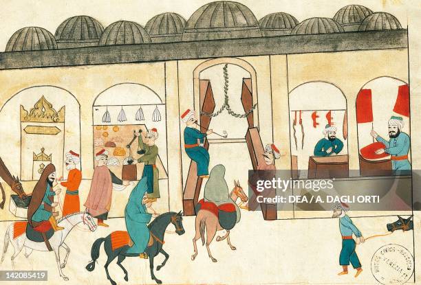 The covered bazaar in Istanbul, miniature from Turkish Memories, Arabic manuscript, Cicogna Codex, Turkey 17th Century.