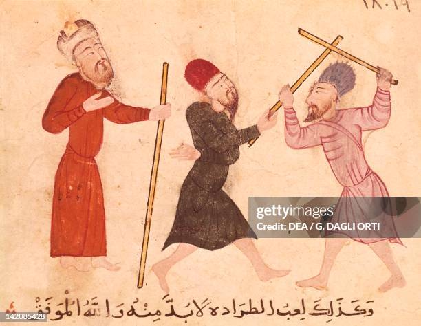 Game with sticks, drawing on parchment from an Arabic manuscript from the Fatimid period.