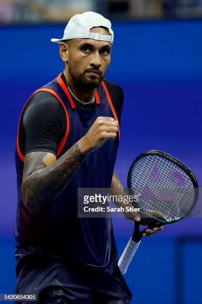 Nick Kyrgios of Australia reacts against Daniil Medvedev of Russia during their Men's Singles Fourth Round match on Day Seven of the 2022 US Open at...