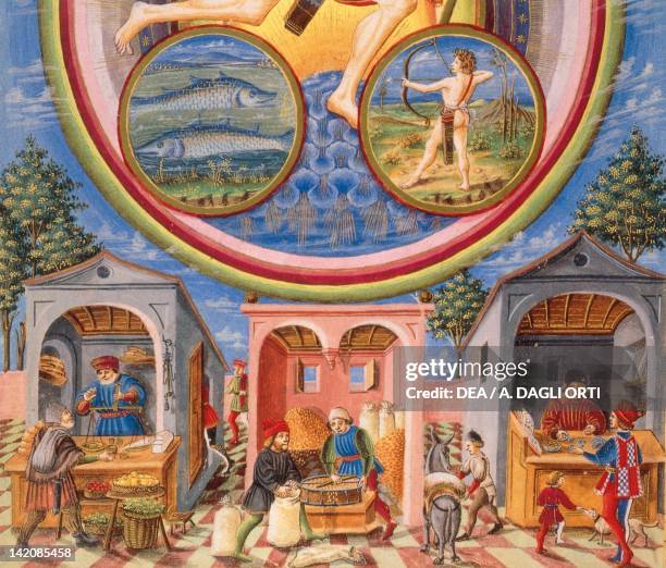 The planet Jupiter and merchants under its influence, details from a miniature from De Sphaera by Leonardo Dati, Latin Manuscript, folio 209 verso 6,...