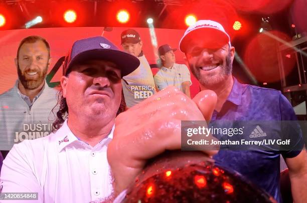 Team Captain Dustin Johnson of 4 Aces GC celebrates with teammate Pat Perez after winning both the individual and team championships during Day Three...