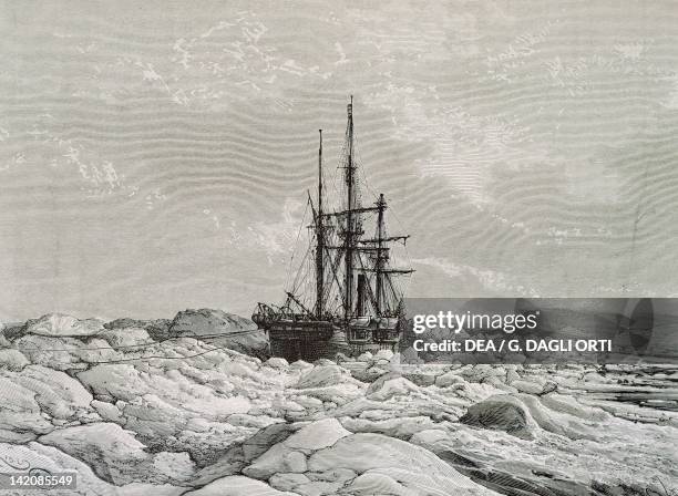 The Alerte ship locked in by ice in the Arctic at Cape Bechey, 1875.