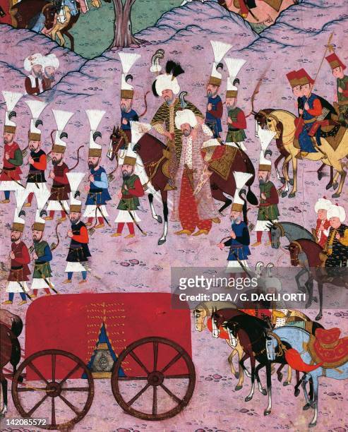 Suleiman the Magnificent and his army Ottoman miniature, Turkey 16th Century.