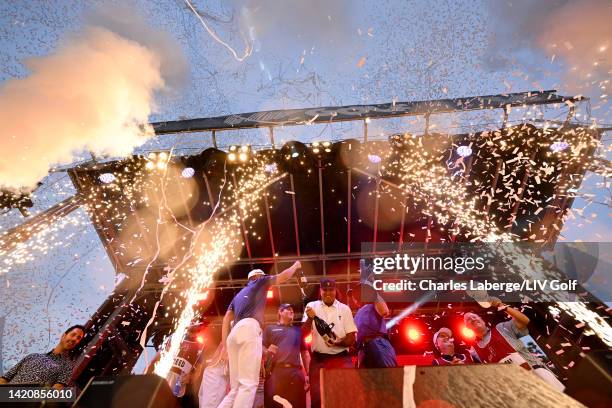 Team Captain Dustin Johnson, Pat Perez, Talor Gooch, and Patrick Reed of Team 4 Aces GC celebrate after winning the team championship during Day...