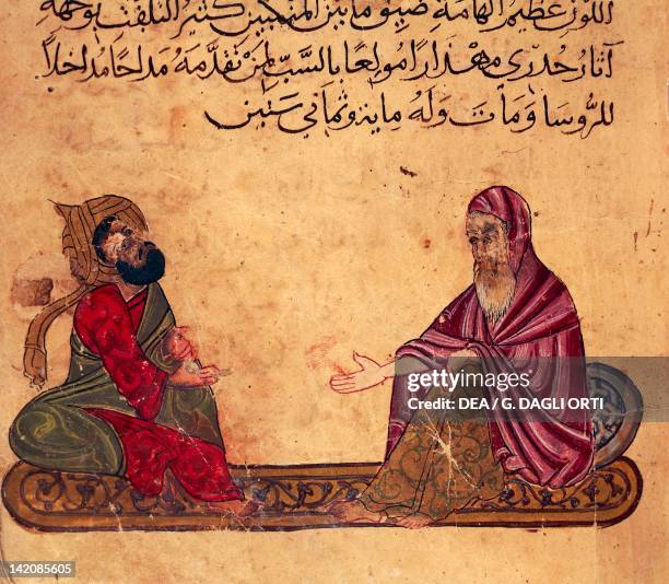 Two philosphers debating, miniature from The best rulings and the most precious sayings of Al-Moubachir, Arabic manuscript, 13th Century.