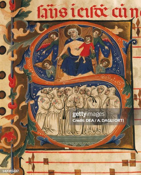 The brothers of the Fraternity of Saint Mary of the Charity placing themselves under the protection of the Blessed Virgin, miniature from a gradual,...