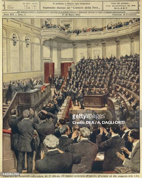 Re-opening of the Italian Parliament on the evening of 22nd February: cheering of the army after its successful campaign in Libya. Illustrator...