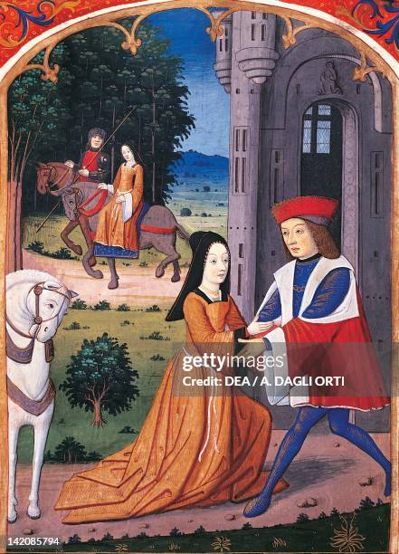 Scene of gallantry, miniature of Lancelot of the Lake, manuscript, France 15th Century.