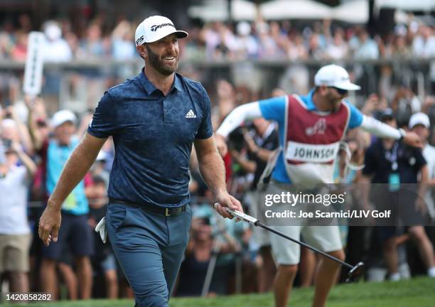 Team Captain Dustin Johnson of 4 Aces GC celebrates after winning the LIV Golf Invitational - Boston on the first playoff hole at The Oaks golf...