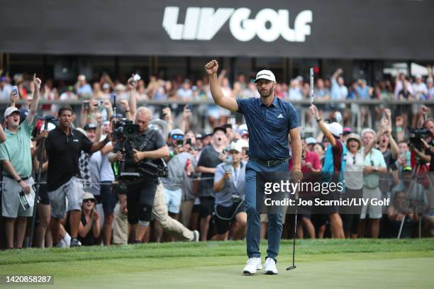Team Captain Dustin Johnson of 4 Aces GC celebrates after winning the LIV Golf Invitational - Boston on the first playoff hole at The Oaks golf...