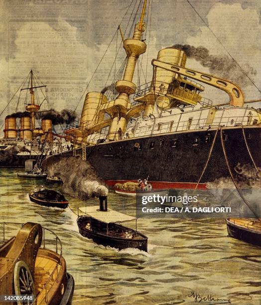 The Andrea Doria battleship run aground near Gallipoli. Illustrator Achille Beltrame , from La Domenica del Corriere, 14th July 1901.