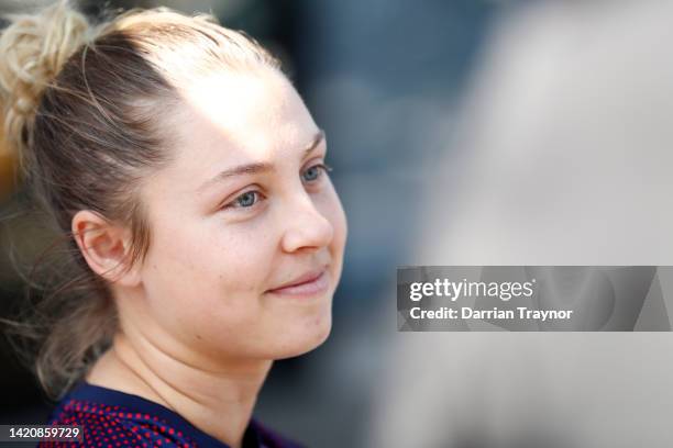 Tyla Hanks of Melbourne speaks to the mediaduring a Melbourne Demons AFL & AFLW media opportunity at AAMI Park on September 05, 2022 in Melbourne,...