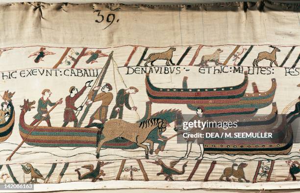 Men let horses get off the ship, detail of Queen Mathilda's Tapestry or Bayeux Tapestry depicting Norman conquest of England in 1066, France, 11th...