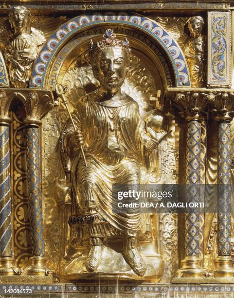 12th century Charlemagne Shrine in gold, precious stones and enamels, kept in the Palatine Chapel of Aachen's Cathedral, Germany. Goldsmith's art.