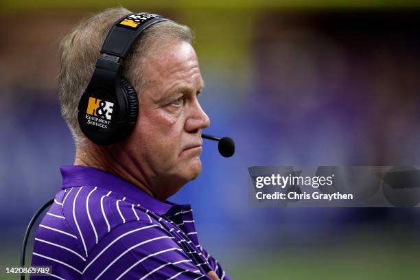 Head coach Brian Kelly of LSU Tigers looks on during the game against the Florida State Seminoles at Caesars Superdome on September 04, 2022 in New...