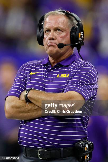 Head coach Brian Kelly of LSU Tigers looks on during the game against the Florida State Seminoles at Caesars Superdome on September 04, 2022 in New...