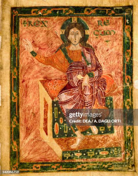 Christ on the throne, miniature from the Homilies by Saint Gregory, from the Nonantola School, Italy 9th Century.